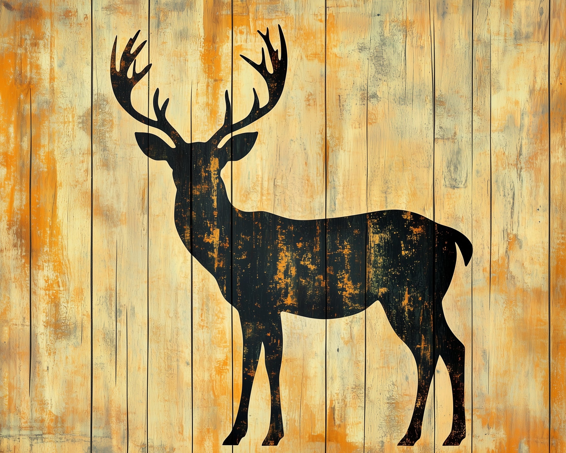 A silhouette of a stag with large antlers is painted on a textured wooden background with a rustic, weathered appearance in shades of orange and beige.
