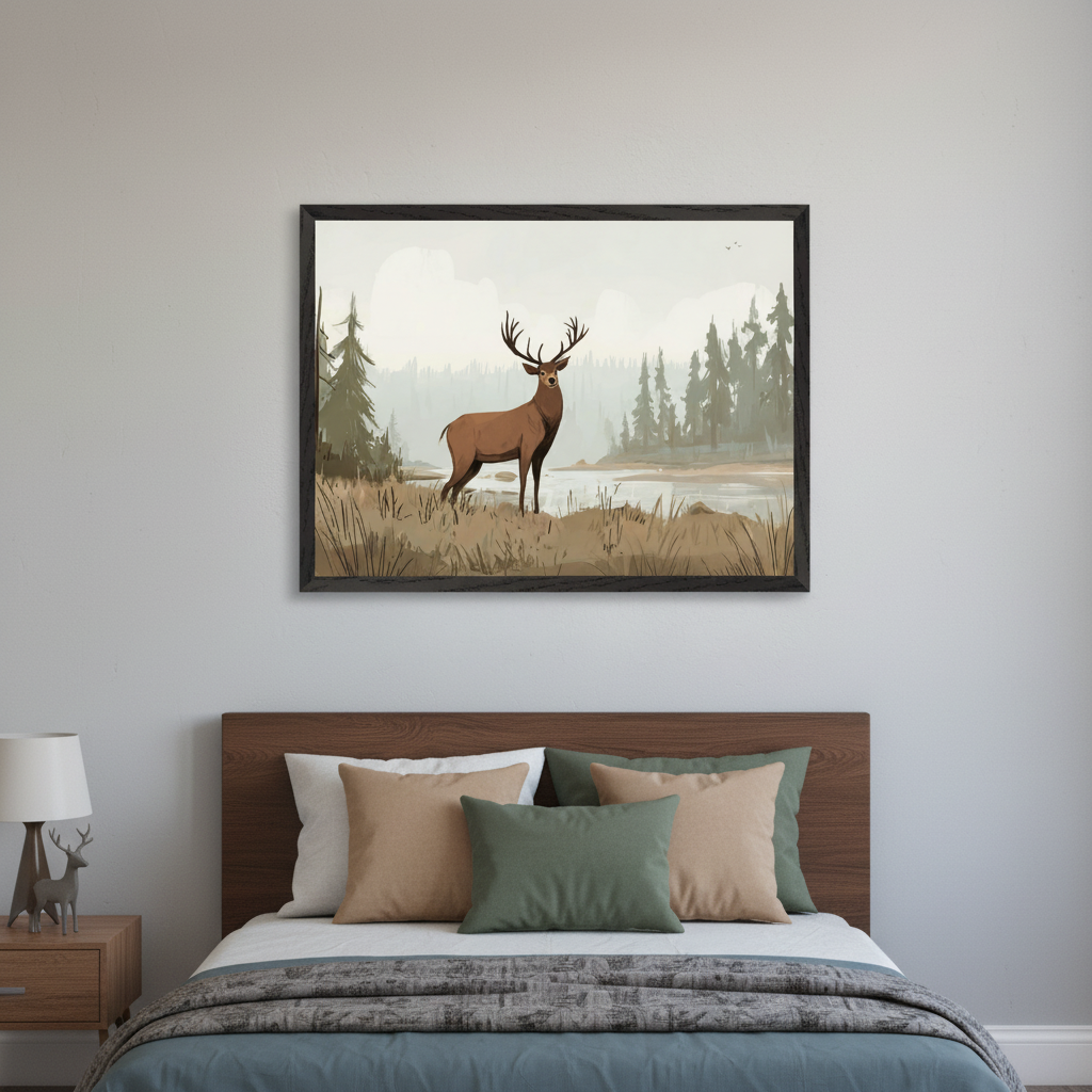 Modern bedroom with a wooden bed. A large framed illustrative painting of a brown stag in a forest clearing by a river hangs centered above the bed. A nightstand with a lamp is on the left.