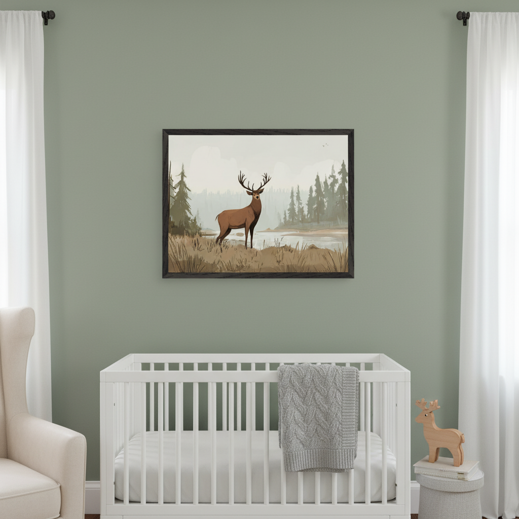 Modern nursery with sage green walls. A large framed print of an illustrative brown deer in a forest landscape hangs above a white crib with a grey blanket. A cream armchair is partially visible on the left.