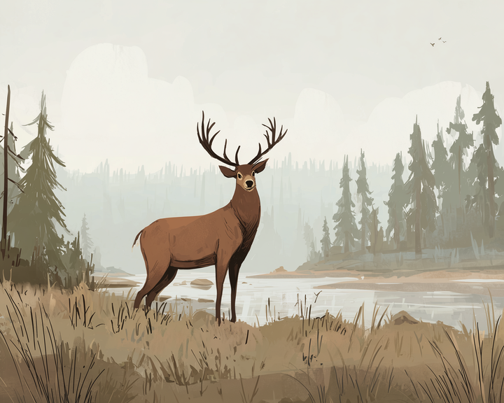 A majestic deer stands gracefully in a serene forest setting, with tall antlers and a rich brown coat. It is surrounded by tall grasses near a calm river, with a backdrop of misty evergreen trees under a pale sky.