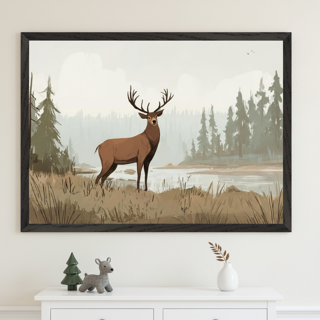 Framed wall art of a stylized deer with large antlers standing near a misty lake, surrounded by pine trees and tall grass in a muted forest landscape. Displayed above a white dresser with a small plush deer, ceramic tree, and minimalist vase.