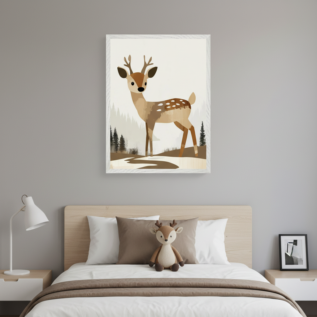 Modern kid's bedroom with a wooden bed, white and brown linens, and a deer plush toy. White nightstands with a lamp and framed photo flank the bed. A framed print of a cartoon deer with antlers in a forest setting hangs centered above the bed.
