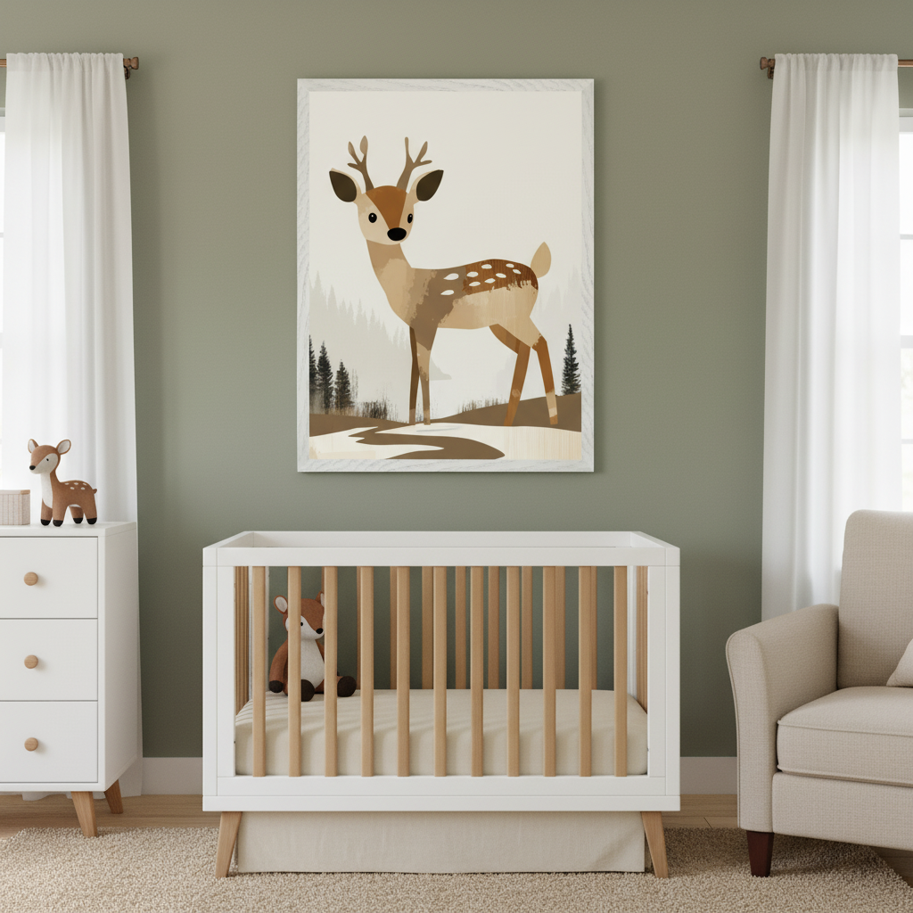 Modern nursery with a white crib, dresser, and beige armchair against a green wall. A large framed print of a stylized deer in a woodland scene hangs above the crib.