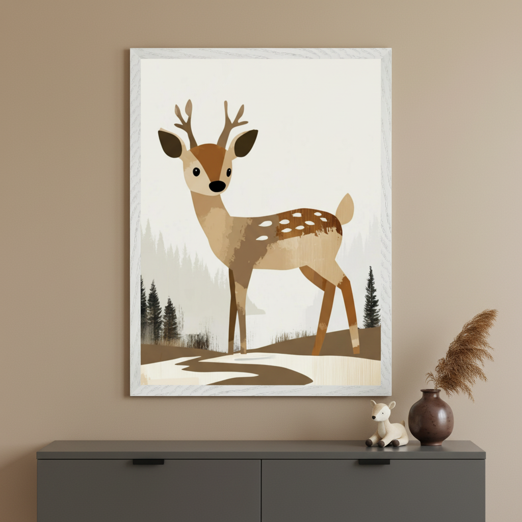 Modern room with a dark gray cabinet. Above it hangs a large framed print of a cartoon-style deer with antlers and spots in a snowy forest scene. A small deer figurine and a vase with pampas grass are on the cabinet.