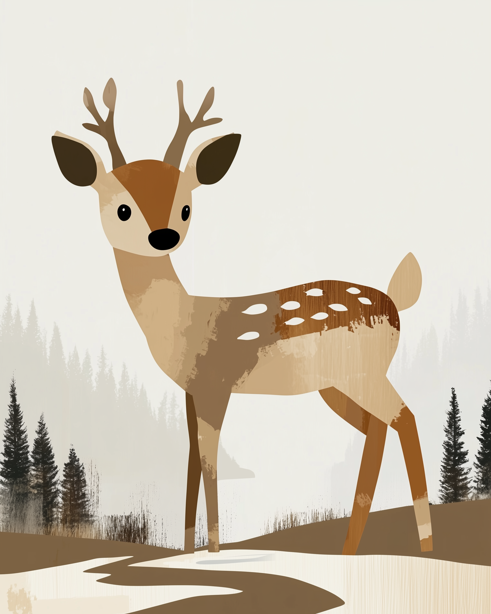 A stylized illustration of a deer with small antlers stands on a curved path in a forest setting. The deer is depicted in shades of brown and beige, with white spots on its back. In the background, there are silhouettes of tall pine trees against a pale sky.