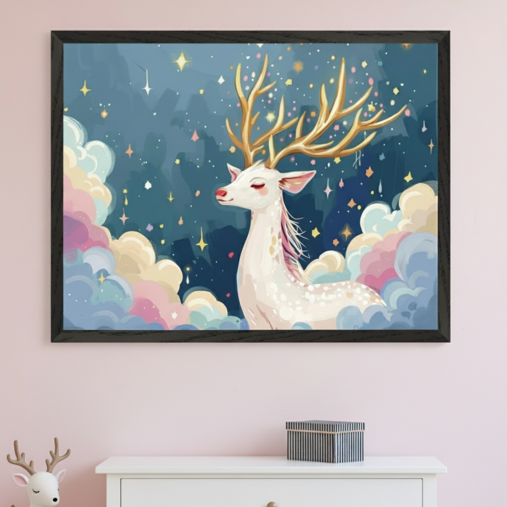 Large framed illustration of a white deer with golden antlers amidst colorful clouds and a starry blue sky hangs centered above a white dresser in a kid's bedroom with a pink wall. A deer figurine and striped box are on the dresser.