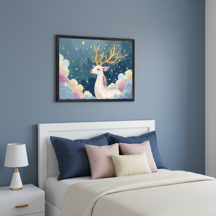 Modern bedroom with a white headboard bed and blue wall. A framed fantasy print of a white deer with golden antlers on a starry cloudscape hangs above the bed. A white nightstand with a lamp is to the left of the bed.