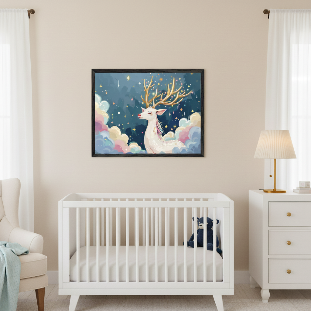 Modern nursery with a white crib, white dresser, and beige armchair. A framed artwork depicting a white deer with golden antlers among pastel clouds and stars on a dark blue background hangs above the crib.