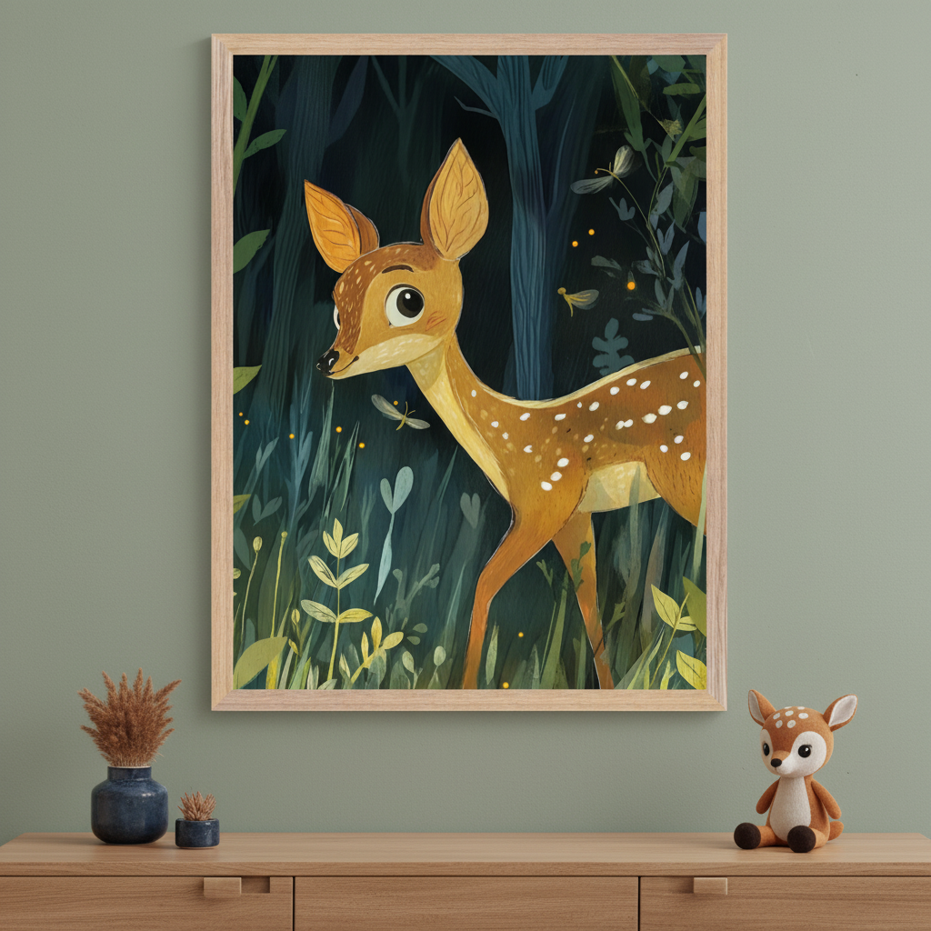Modern room with a green wall and a light wood dresser. A large framed print of a whimsical illustration of a fawn in a dark forest with glowing insects hangs above the dresser. A vase with dried plants and a fawn plush toy are on the dresser.