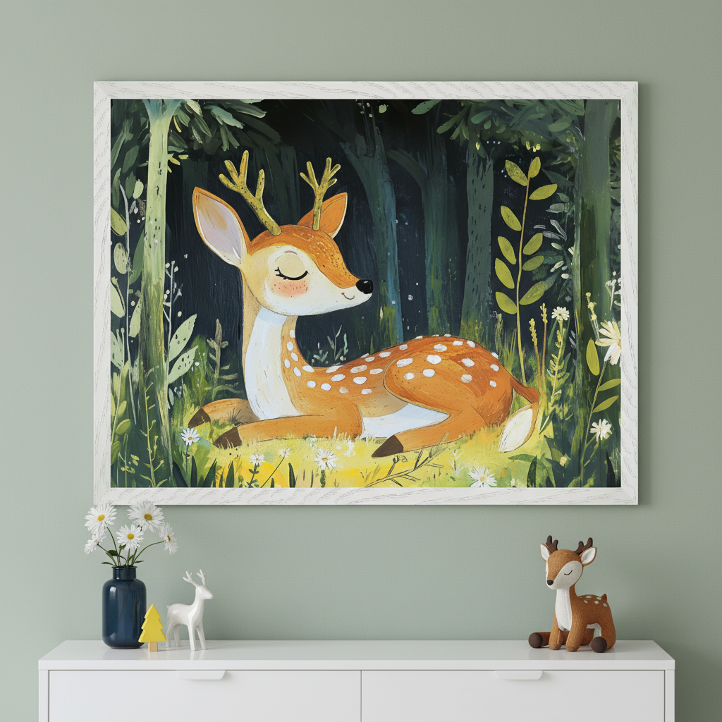 A framed illustration of a peaceful deer lying in a forest, surrounded by greenery and white flowers. The deer has small antlers and a content expression. The background features dark trees and soft lighting. In the foreground, there is a vase with daisies, a small decorative reindeer, and another figurine of a deer on a white shelf. The wall behind is a soft green color.