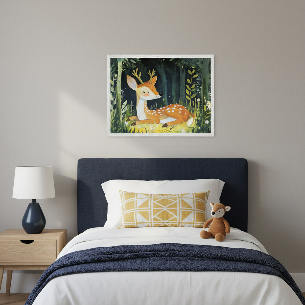 Kid's bedroom with a navy upholstered bed and wooden nightstand. A framed cartoon illustration of a sleeping fawn with antlers in a dark forest hangs above the bed.