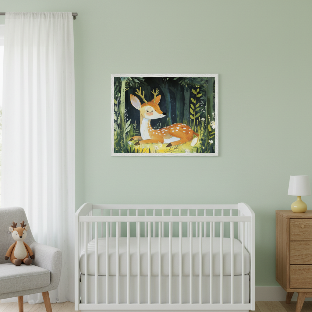 Modern nursery with a white crib against a light green wall. A large framed illustration of a sleeping fawn with antlers in a dark forest hangs above the crib. A grey armchair and wooden dresser are also visible.