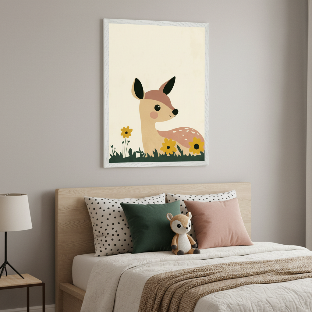 Modern kid's bedroom with light gray walls, a light wood bed, polka dot pillows, and a deer plush toy. A framed print of a cartoon fawn with yellow flowers and green grass on a pale yellow background hangs centered above the bed.