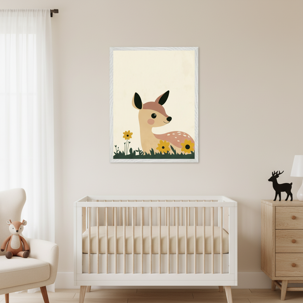 Modern nursery with a white crib and beige armchair. A framed cartoon print of a fawn lying in grass with yellow flowers hangs above the crib. A light wood dresser with a deer figurine is on the right.