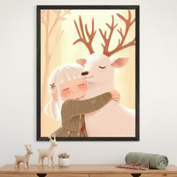 Modern room with a white dresser. Centered above it hangs a black-framed illustration of a smiling girl hugging a white deer. A vase with foliage and a white deer figurine sit on the dresser.