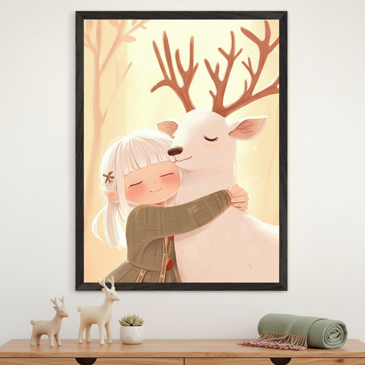Modern room with a white dresser. Centered above it hangs a black-framed illustration of a smiling girl hugging a white deer. A vase with foliage and a white deer figurine sit on the dresser.