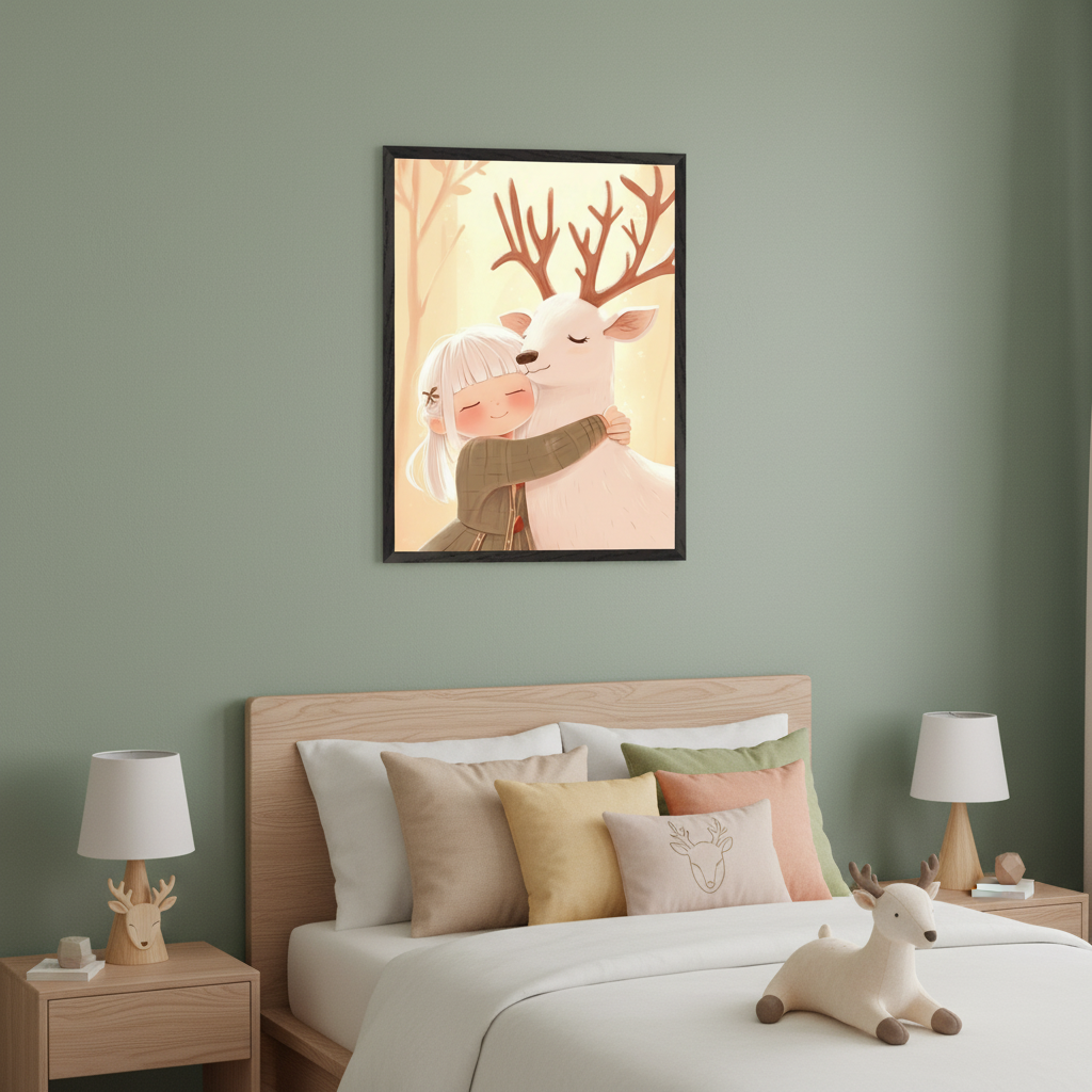 Kid's bedroom with a wooden bed. A framed cartoon illustration of a smiling girl hugging a white deer hangs centered on the green wall above the bed. Deer lamps are on nightstands and a plush deer toy on the bed.