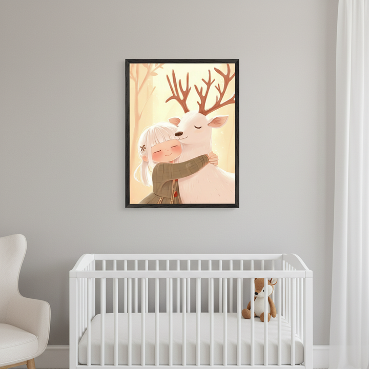Modern nursery with a white crib containing a deer plushie, and a cream armchair. A black-framed illustration of a girl hugging a white deer in a warm forest hangs on the gray wall above the crib.