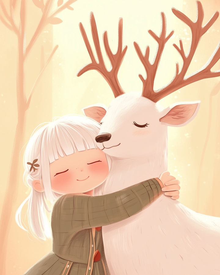 A young girl with white hair and a green dress warmly embraces a white deer with large antlers in a softly lit forest setting.