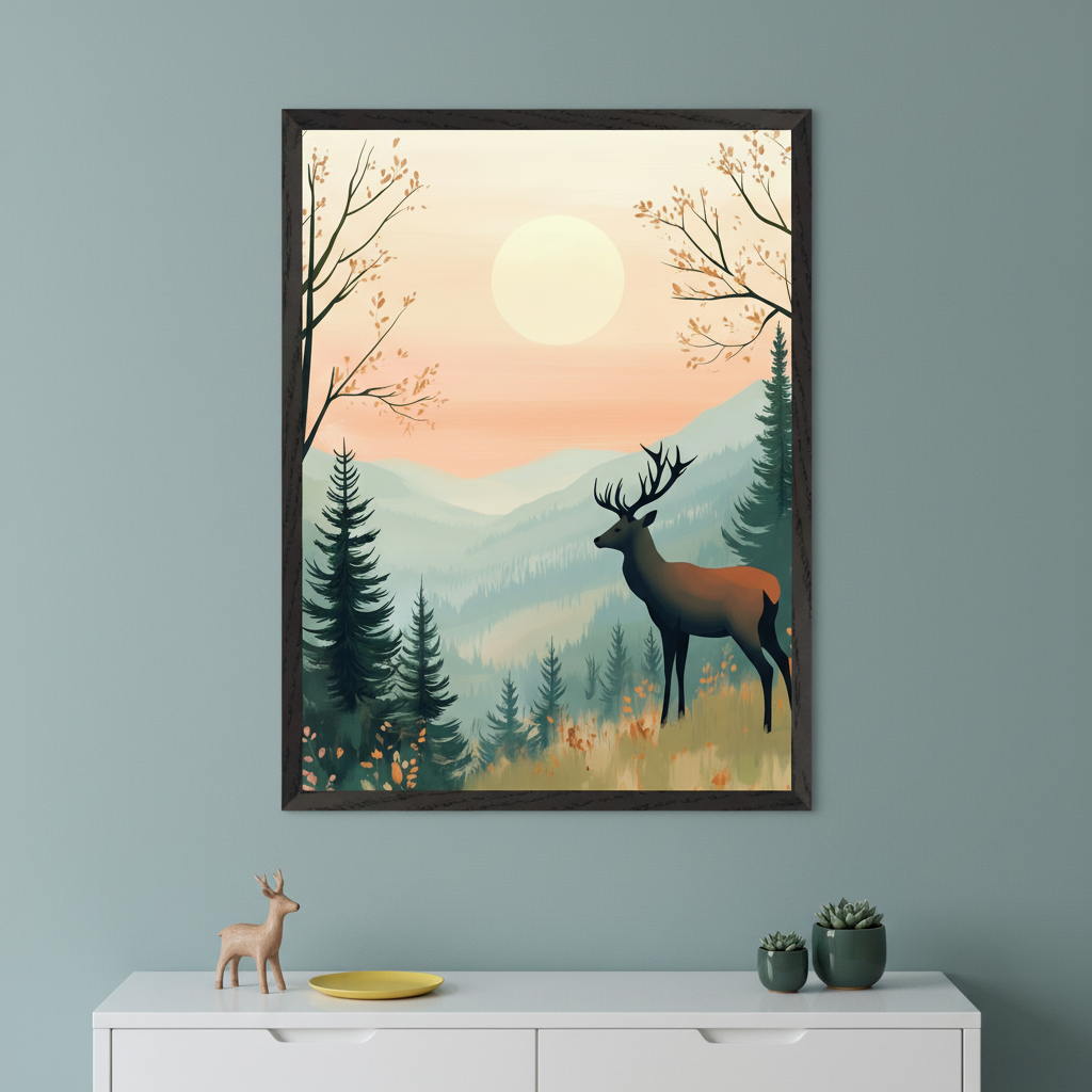 Modern room with a light wood dresser. A large framed stylized illustration of a forest, mountains, a sunset, and a stag hangs centered above the dresser.