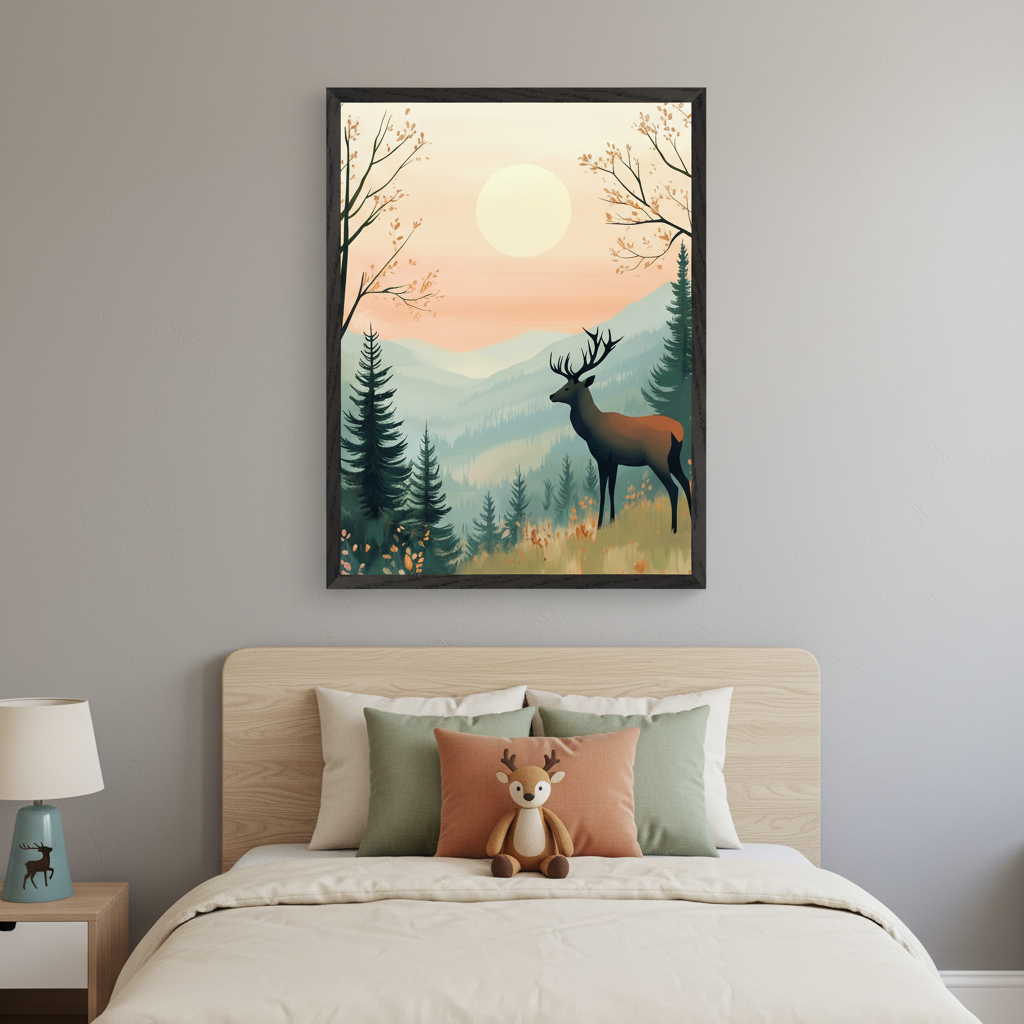 Kid's bedroom features a light wood bed with headboard and a nightstand. Above the bed, a framed stylized illustration depicts a forest landscape with mountains, evergreen trees, a large sun, and a deer. Bed has green, white, and orange pillows, plus a plush deer.