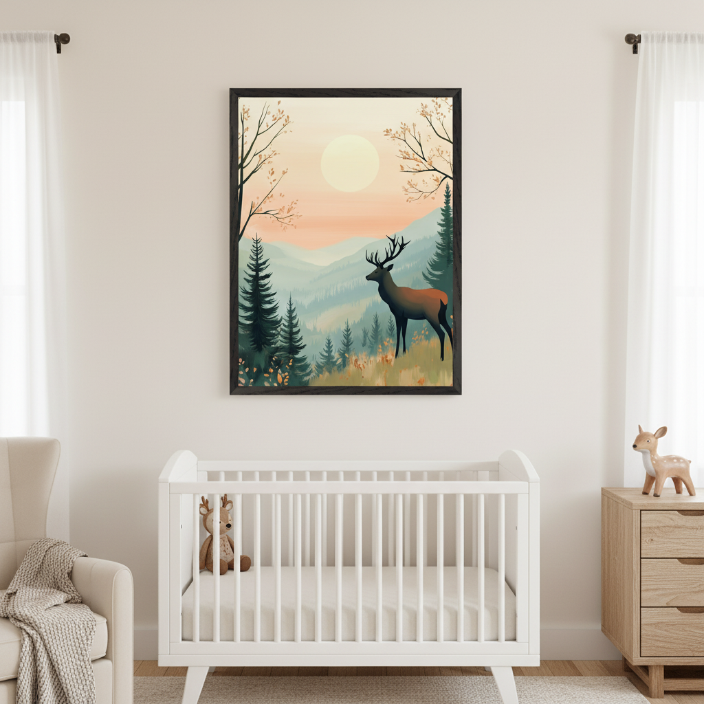 Modern nursery with a white crib, cream armchair, and wood dresser. Centered above the crib, a framed print shows a stylized forest landscape with a deer, evergreen trees, and a large orange sun.