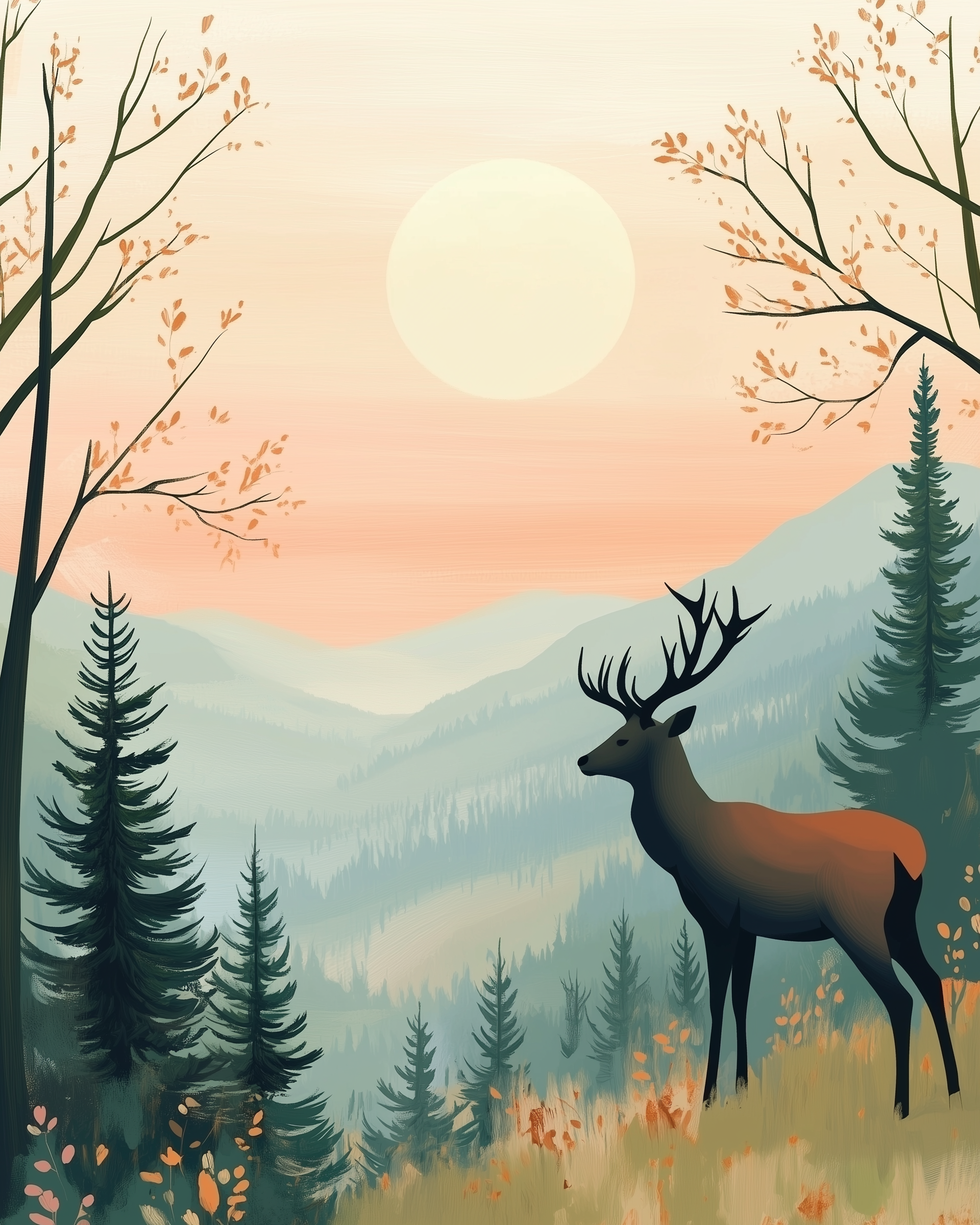 A majestic deer stands gracefully on a grassy hill, surrounded by tall evergreen trees and delicate orange foliage, as the sun sets behind distant, misty mountains.