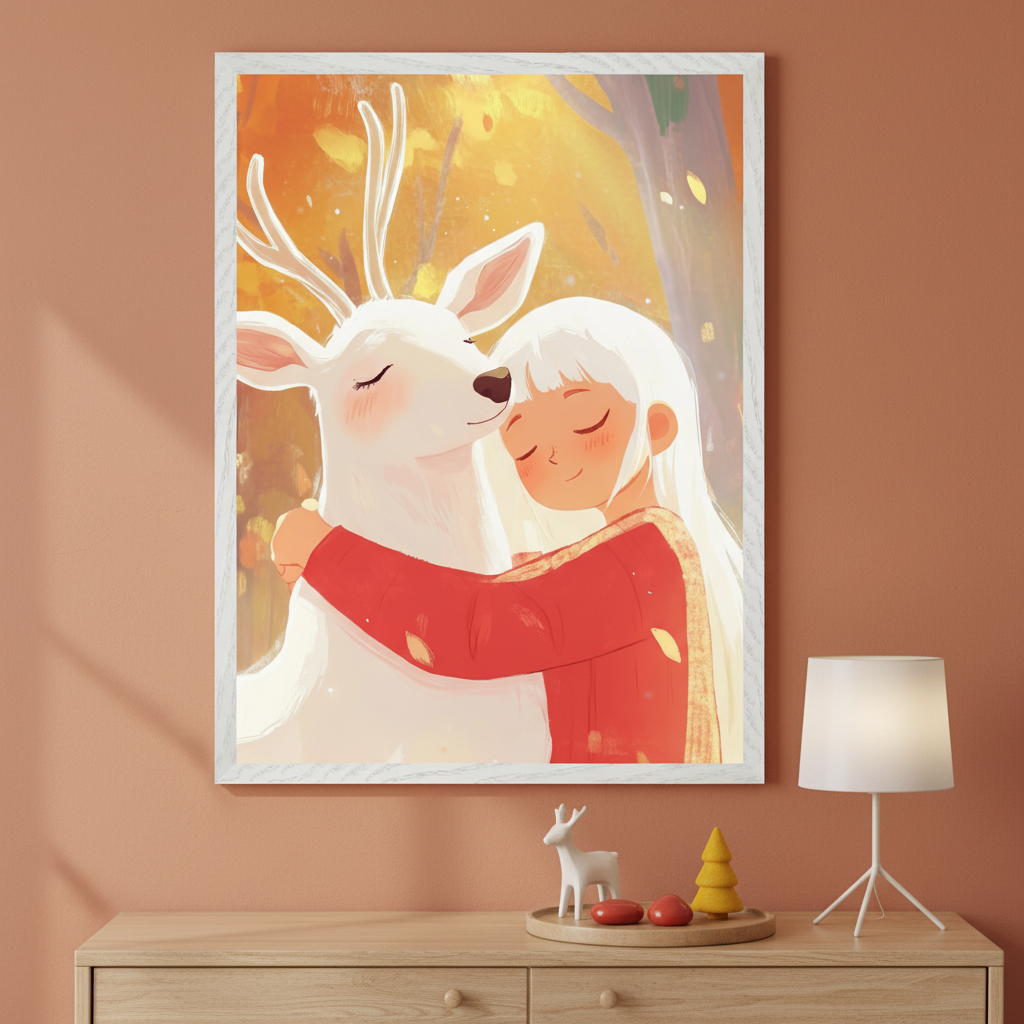 A framed illustration on a wall shows a girl with long white hair hugging a serene white deer with antlers, set against a warm, golden background. The scene exudes a sense of peace and connection. Below, a wooden dresser holds a small deer figurine, decorative items, and a lit table lamp.