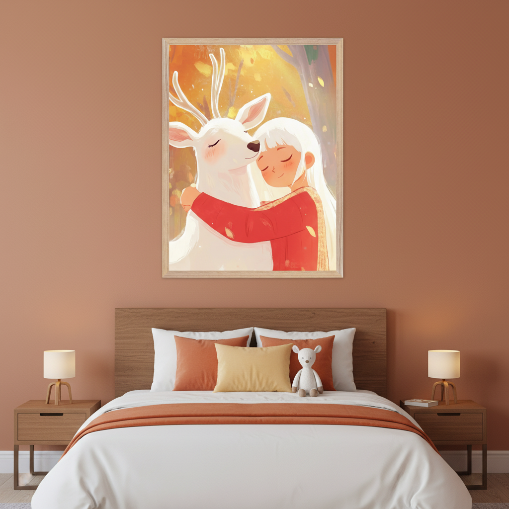 Modern kid's bedroom with a wooden bed and two nightstands. A large framed illustration of a young girl hugging a white deer in an autumnal forest setting hangs centered above the bed.