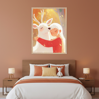 Modern kid's bedroom with a wooden bed and two nightstands. A large framed illustration of a young girl hugging a white deer in an autumnal forest setting hangs centered above the bed.