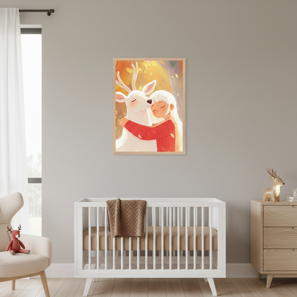 Modern nursery with a white crib, wooden dresser, and armchair. A framed cartoon print of a girl hugging a white deer, set against an autumn leaf background, hangs above and slightly to the right of the crib.
