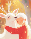 A serene illustration of a girl with long white hair hugging a gentle white deer with closed eyes. The girl wears a red sweater, and the scene is set against a warm, golden autumn background with soft, falling leaves.