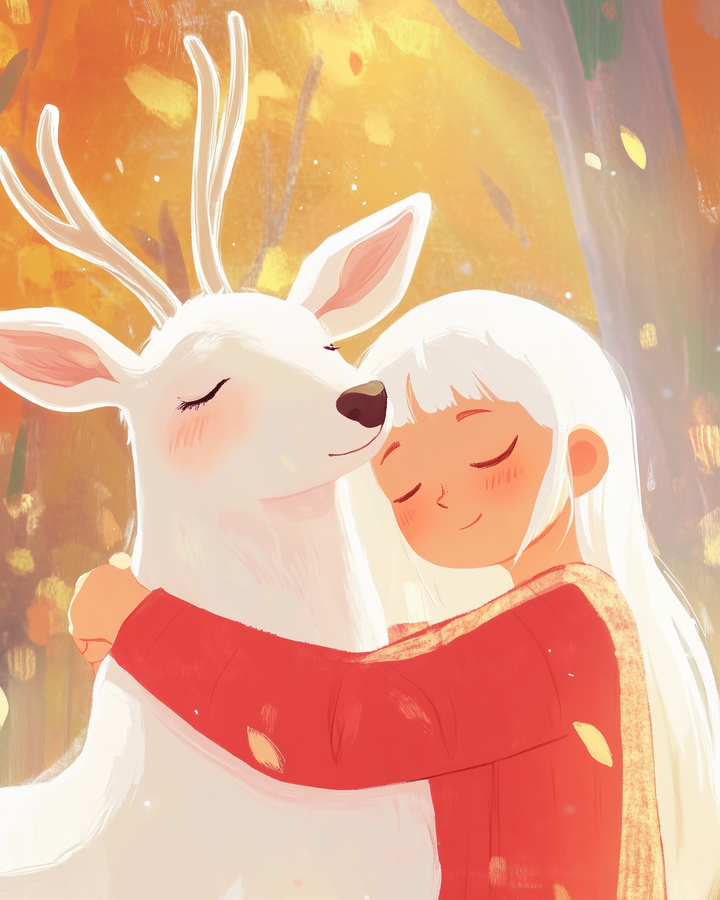 A serene illustration of a girl with long white hair hugging a gentle white deer with closed eyes. The girl wears a red sweater, and the scene is set against a warm, golden autumn background with soft, falling leaves.