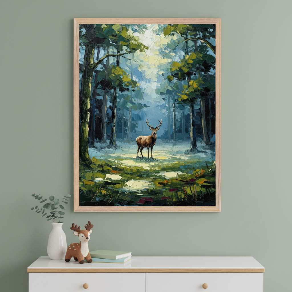 Framed artwork of a majestic stag standing in a sunlit clearing within a dense forest, with bold brushstrokes and deep greens and blues. The artwork hangs above a white dresser decorated with a plush deer toy, books, and a vase with eucalyptus branches.