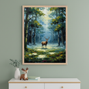 Framed artwork of a majestic stag standing in a sunlit clearing within a dense forest, with bold brushstrokes and deep greens and blues. The artwork hangs above a white dresser decorated with a plush deer toy, books, and a vase with eucalyptus branches.