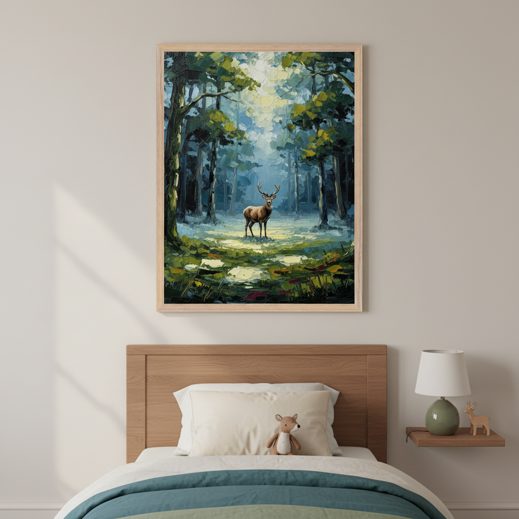 Nature painting featuring a lone stag in a bright forest glade, with light filtering through tall trees and casting shadows on the mossy ground. The framed artwork is centered above a wood-framed bed with layered pillows and a small stuffed animal.