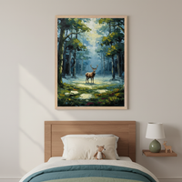 Nature painting featuring a lone stag in a bright forest glade, with light filtering through tall trees and casting shadows on the mossy ground. The framed artwork is centered above a wood-framed bed with layered pillows and a small stuffed animal.