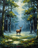 A majestic deer stands in a sunlit forest clearing, surrounded by tall, lush trees. The scene is painted with rich, textured brushstrokes, capturing the serene atmosphere and vibrant greens of the foliage.