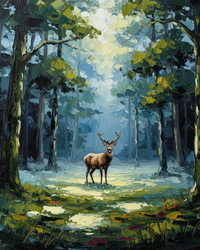 A majestic deer stands in a sunlit forest clearing, surrounded by tall, lush trees. The scene is painted with rich, textured brushstrokes, capturing the serene atmosphere and vibrant greens of the foliage.