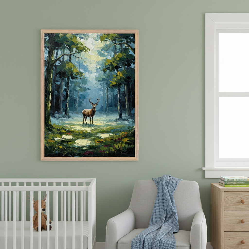 Illustration of a woodland scene of a stag standing alert in a misty, green forest clearing, surrounded by tall trees. The painting is displayed above a white crib with a deer plush toy, in a soft green nursery with a cozy chair and light wood furniture.