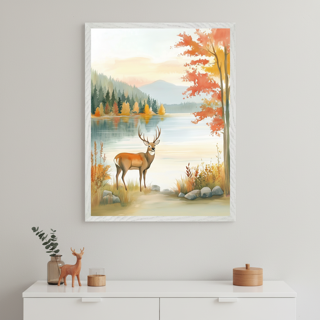 Framed artwork of a deer standing by a serene lake surrounded by autumn trees and mountains in the background, displayed above a white dresser with deer figurines and a minimalist vase.