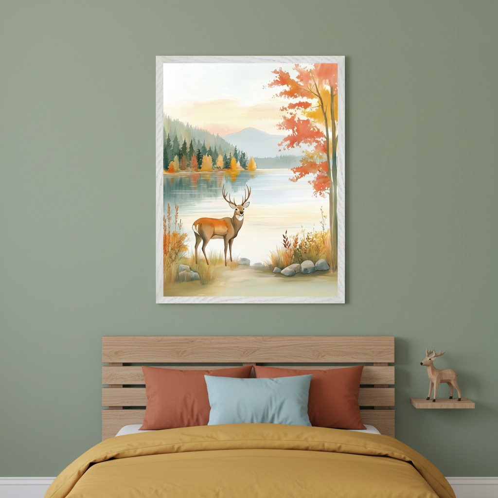 Cozy bedroom with a framed art of a buck near a calm lake, set against a fall forest and distant hills, hung above a wooden bed with mustard and rust-colored bedding.