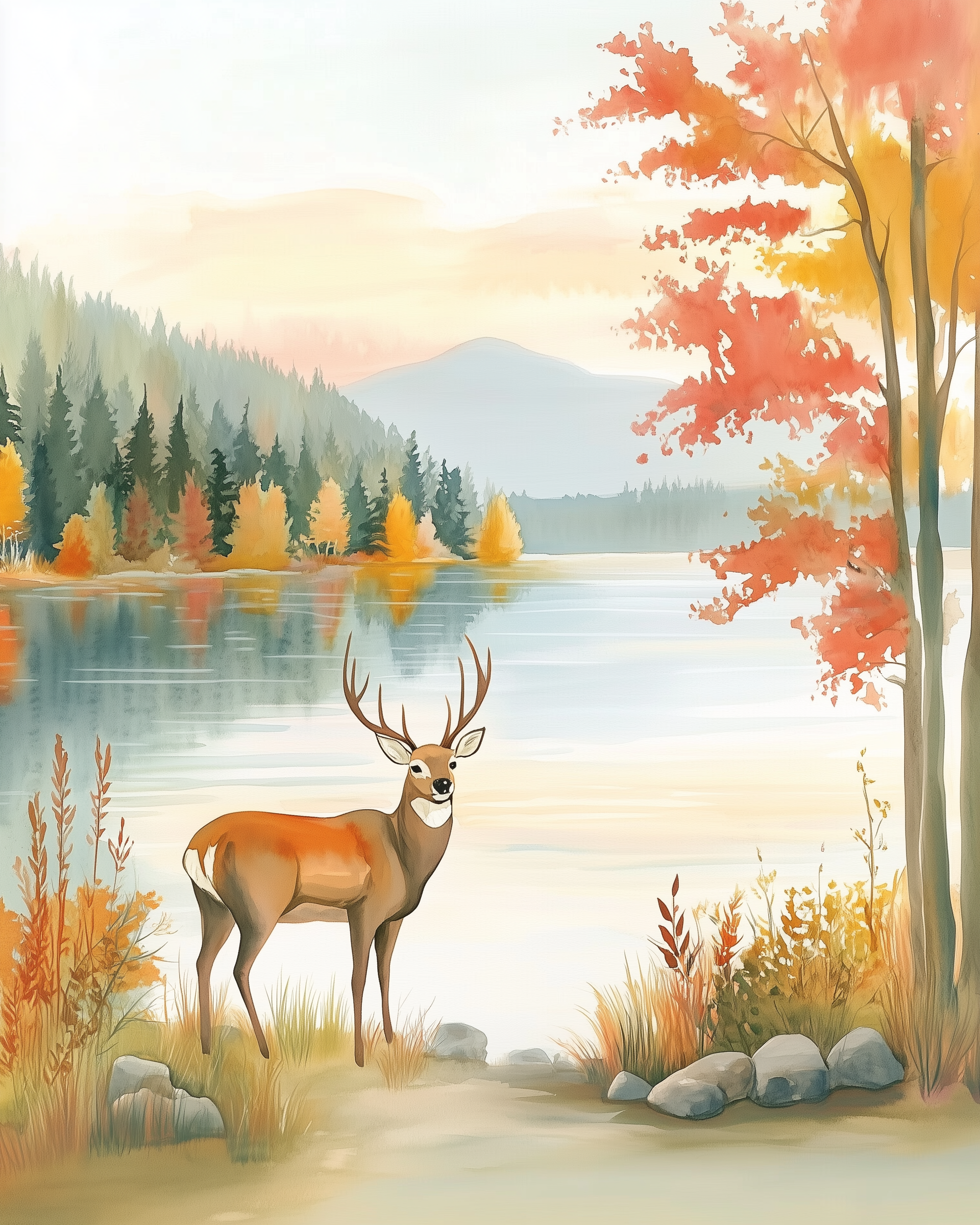 A majestic deer stands by a tranquil lake, surrounded by vibrant autumn foliage with red and orange leaves. The background features a forest of evergreen trees and a distant mountain under a softly hued sky, creating a serene and picturesque landscape.