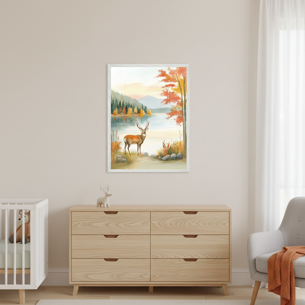 Peaceful nursery showcasing a deer illustration beside a lake with vibrant fall foliage, displayed above a wooden dresser with a soft deer toy, near a white crib with a forest-themed plush.