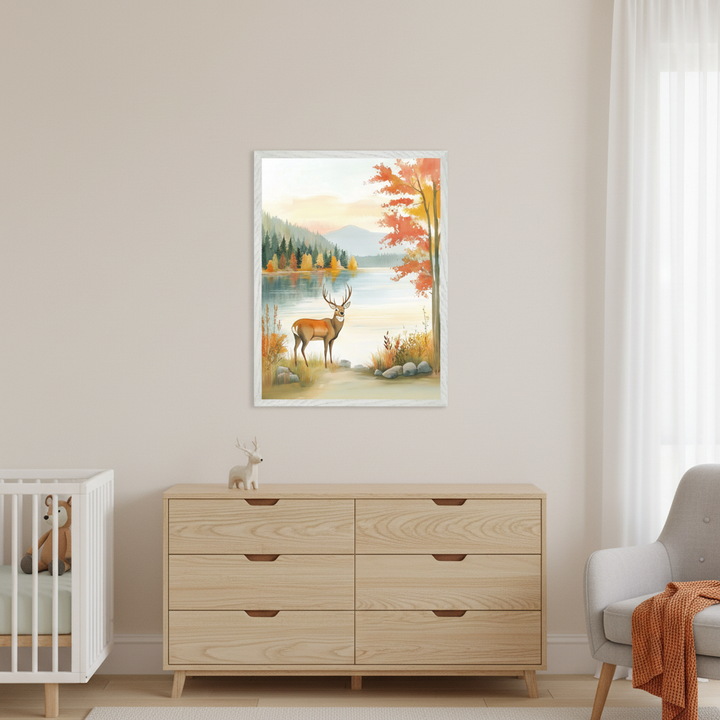 Peaceful nursery showcasing a deer illustration beside a lake with vibrant fall foliage, displayed above a wooden dresser with a soft deer toy, near a white crib with a forest-themed plush.