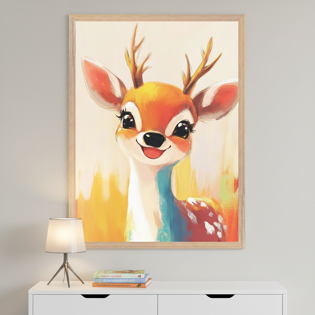 A large framed wallart of a smiling, colorful baby deer with antlers in a painterly style hangs centered above the dresser in a modern room with a white dresser. A lamp and books are on the dresser.