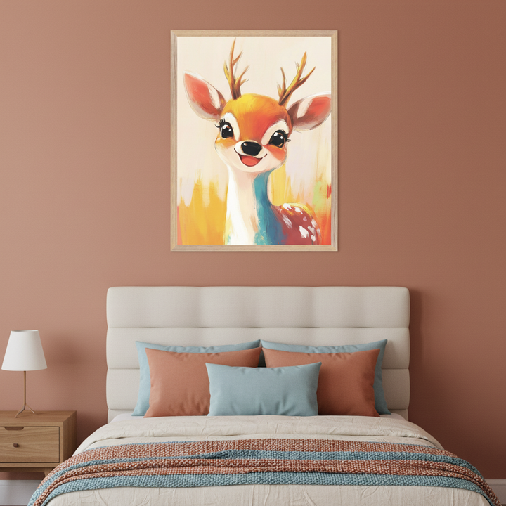 Modern bedroom with a cream upholstered bed against a terracotta wall. A light wood framed watercolor print of a smiling, cartoon-style deer with antlers and colorful accents hangs centered above the bed. A wooden nightstand with a lamp is on the left.