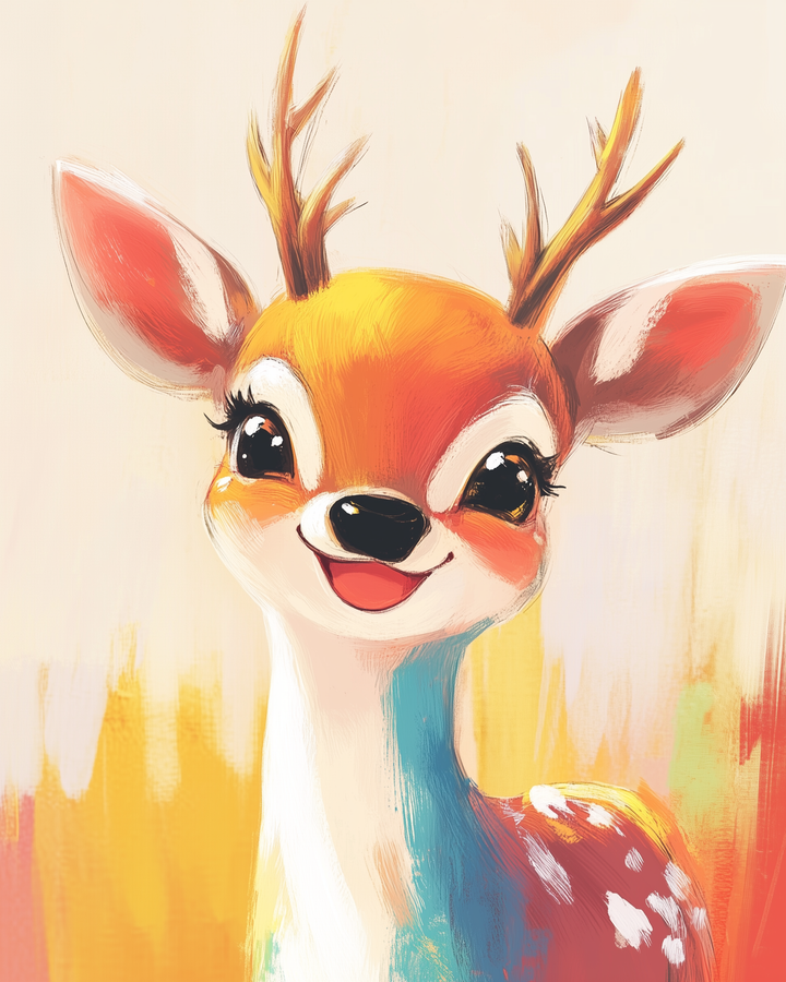 A vibrant illustration of a cheerful young deer with expressive eyes and small antlers, featuring a bright orange and white coat. The background is a blend of warm and cool colors, enhancing the lively and whimsical feel of the artwork.