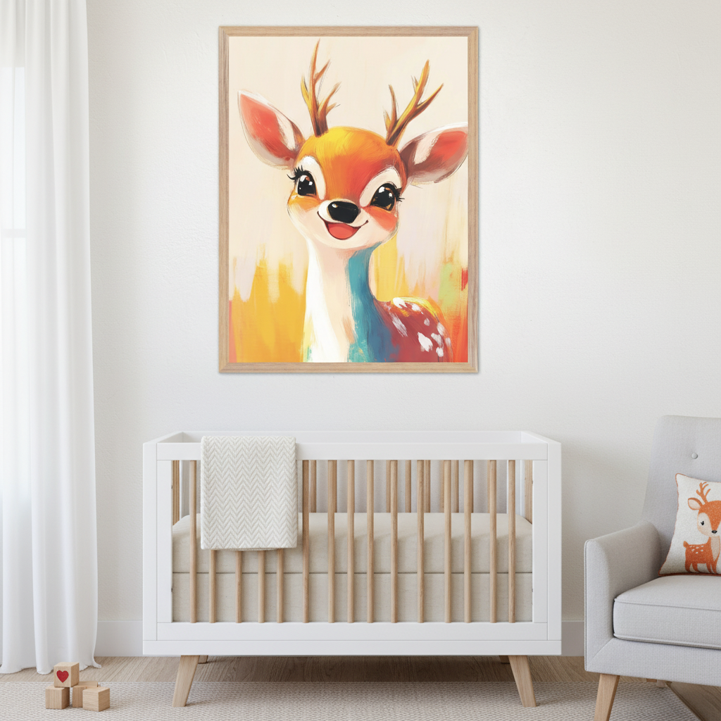 Nursery room with a white crib with natural wood rails and a gray armchair with a deer pillow. A framed, colorful, cartoon-style print of a smiling deer with antlers hangs above the crib.