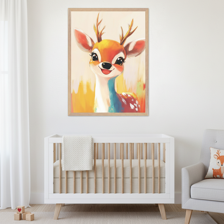 Nursery room with a white crib with natural wood rails and a gray armchair with a deer pillow. A framed, colorful, cartoon-style print of a smiling deer with antlers hangs above the crib.